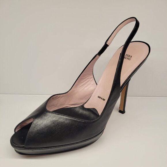 Vera Wang Black Leather Slingback Peep-Toe Heels | Size 8 - Picture 3 of 9